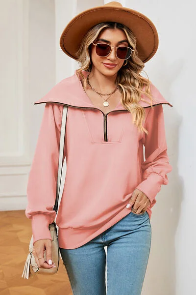 Tezza Half Zip Lantern Sleeve Sweatshirt Hoodie with Hem Embroidery Detailed Premium