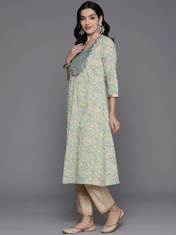 Women's Sea Green Embroidered A-Line Kurta Trousers With Dupatta Set - Indo Era Trousers Leather Faux