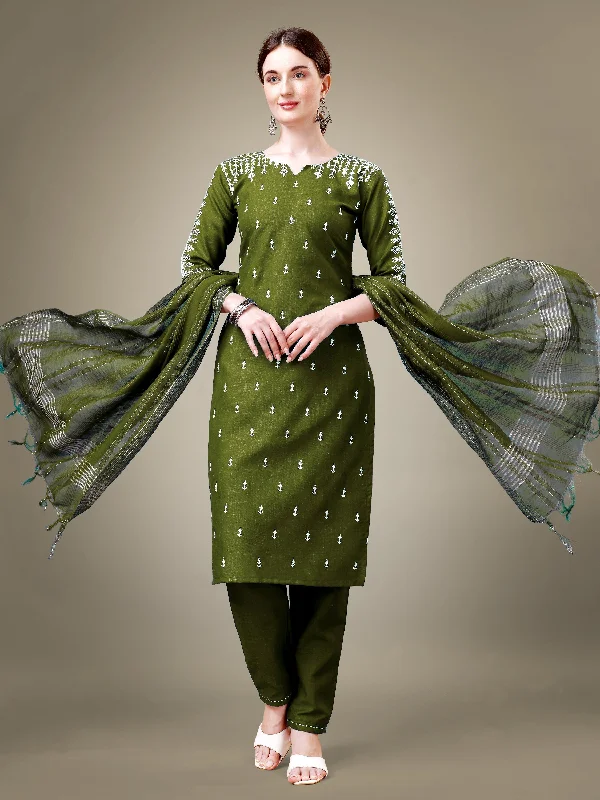 Women's Mehendi Cotton Blend Embroidery & Sequence Work Kurta With Trouser & Dupatta - Jyoti Fashion Trousers Gym Athletic