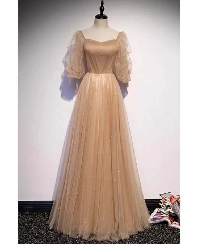 Elegant and noble champagne short sleeved tulle beaded ball dress with champagne backless straps and floor length evening dress Crew Neckline Casual Elegant and noble champagne short sleeved tulle beaded ball dress with champagne backless straps and floor length evening dress Crew Neckline Casual