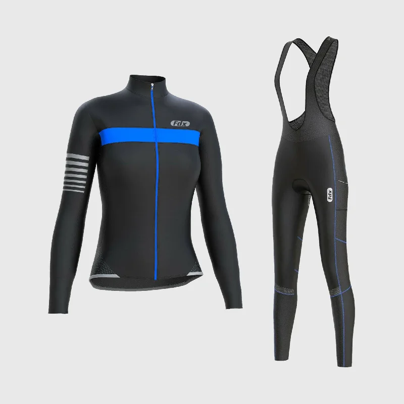 Fdx Women's & Girl's Set All Day Thermal Roubaix Long Sleeve Cycling Jersey & Cargo Bib Tights - Blue Pastel Jersey Tee Fdx Women's & Girl's Set All Day Thermal Roubaix Long Sleeve Cycling Jersey & Cargo Bib Tights - Blue Pastel Jersey Tee