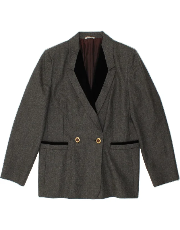 VINTAGE Womens Double Breasted Blazer Jacket UK 18 XL Grey Wool Fleece Fabric Down Fabric Feather Fabric