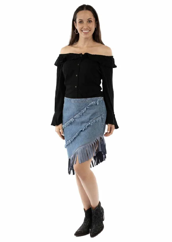 Scully Womens Asymmetrical Fringe Bottom Blue 100% Cotton Skirt corduroy skirt cozy