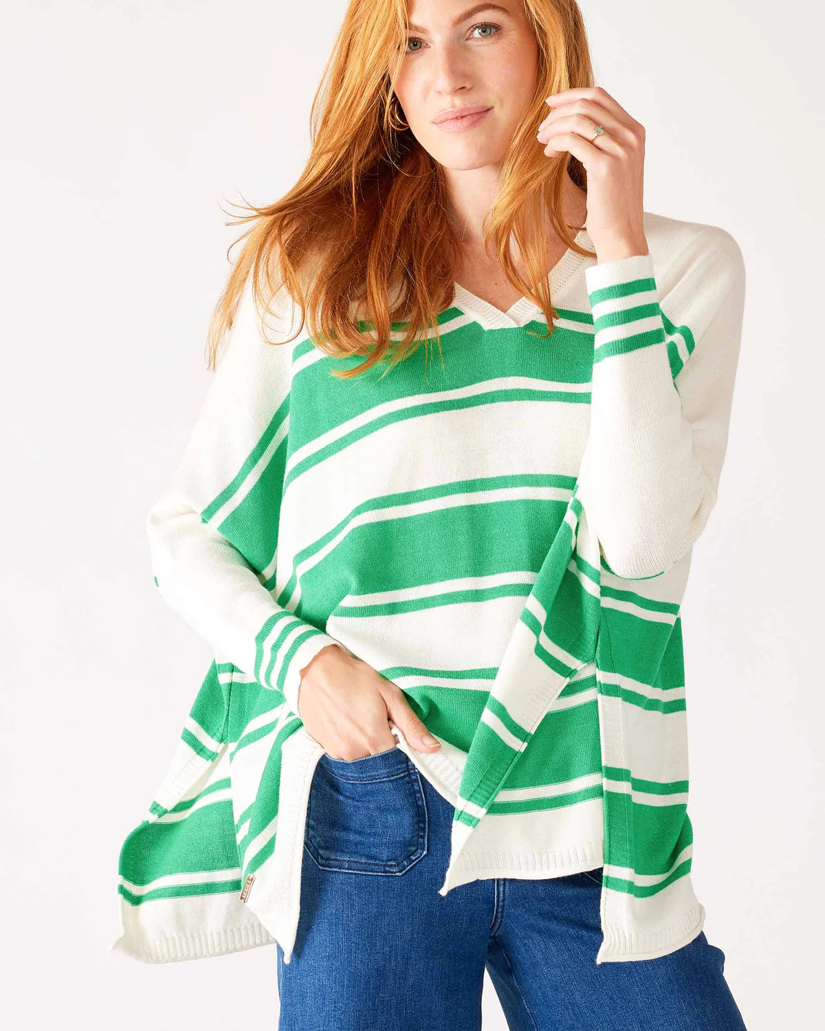 Catalina V-Neck Sweater - White/Jade Stripe Transparent Opaque Sheer