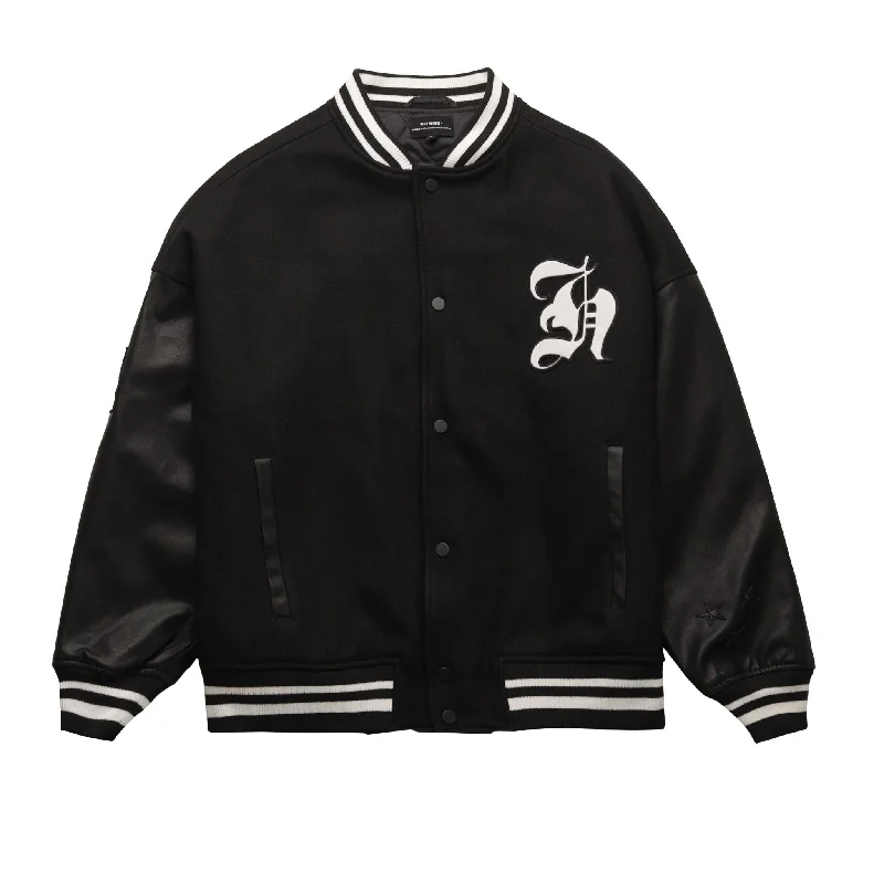 HOMME+ Wool Varsity Jacket Black/Black Belted Jacket Elasticated Jacket Padded Jacket
