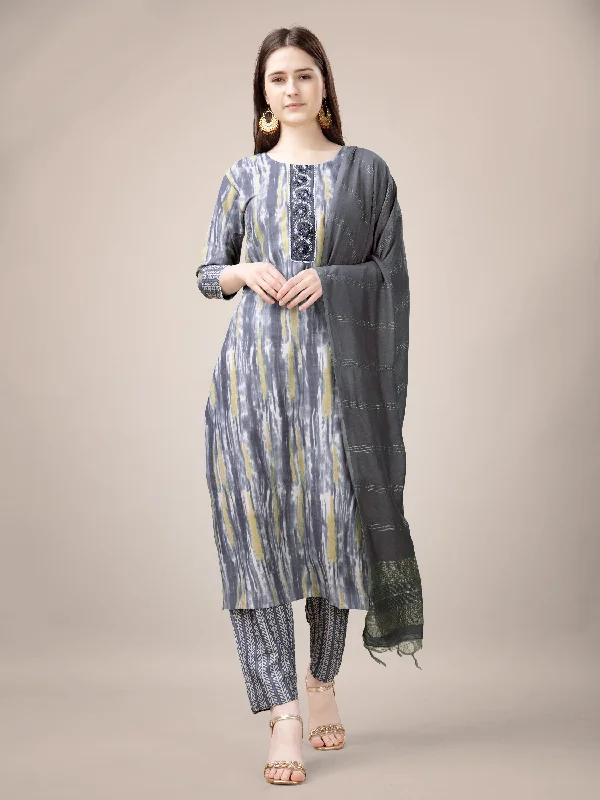 Women's Grey Rayon Print With Embroidery & Fancy Lace Work Kurta With Trouser & Dupatta - Jyoti Fashion Trousers Pleated Formal