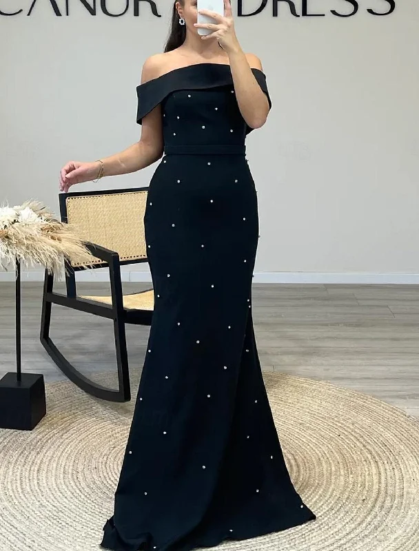 Mermaid / Trumpet Evening Gown Elegant Dress Formal Wedding Guest Floor Length Short Sleeve Off Shoulder Stretch Crepe with Beading Tunics Cozy comfortable