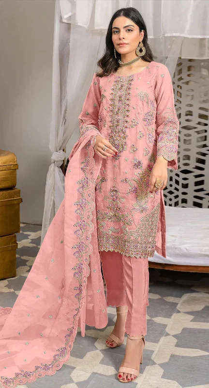Women's Peach Organza Embroidered With Khatli Work Kurta With Trouser & Dupatta - Jyoti Fashion Trousers practical easy-care