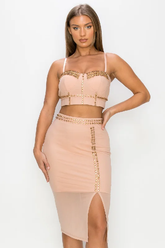 Studded Stone Cami Top & Slit Mini Skirts Set wool skirt thick