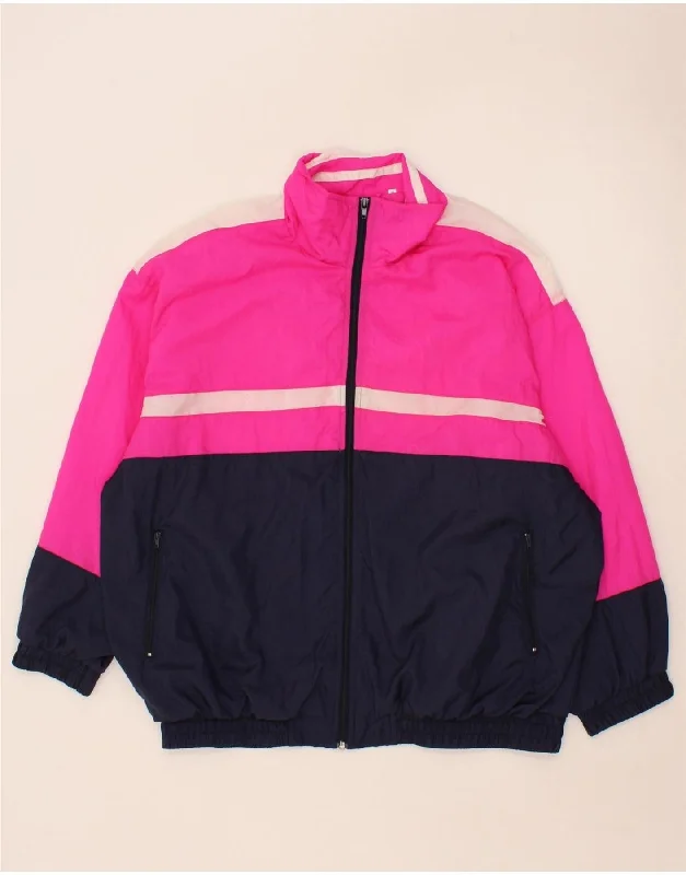 VINTAGE Womens Tracksuit Top Jacket EU 46 XL Pink Colourblock Polyamide Ribbed Jacket Pleated Jacket Ruffled Jacket