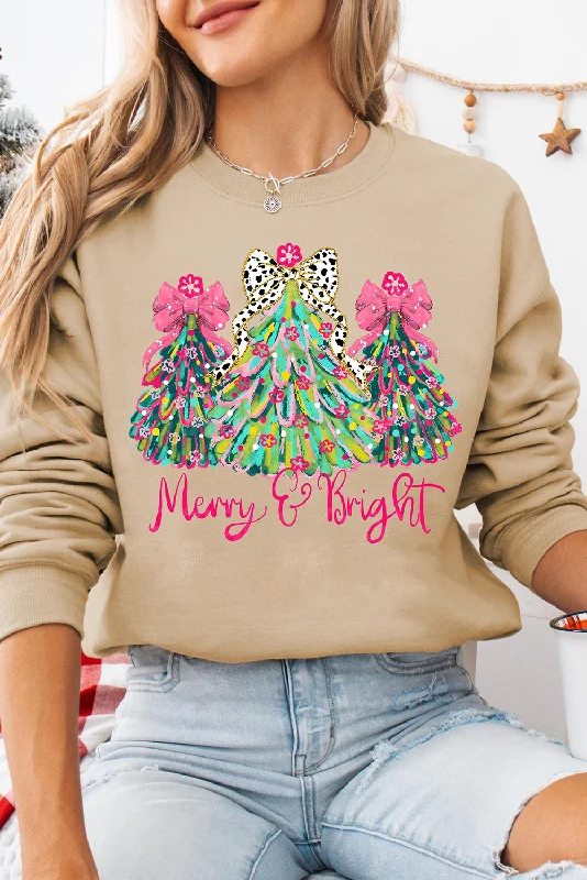 Khaki Merry & Bright Christmas Tree Print Pullover Sweatshirt Hoodie with Color Block Contrast Stylish