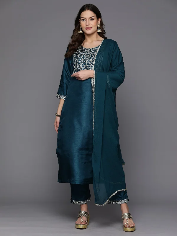 Women's Teal Embroidered Straight Kurta Trousers With Dupatta Set - Indo Era Trousers Denim Distressed