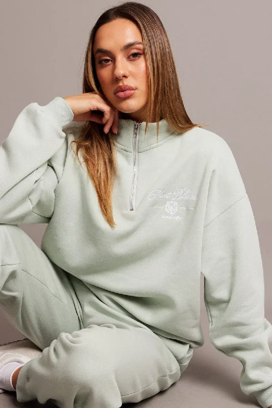 Green Zip Sweater Funnel Neck Oversized Welt Pockets Slit Pockets Flap Pockets