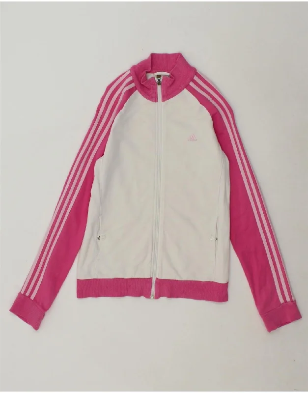 ADIDAS Womens Tracksuit Top Jacket UK 12 Medium White Colourblock Cotton Notch Collar Peter Pan Collar Cowl Neck