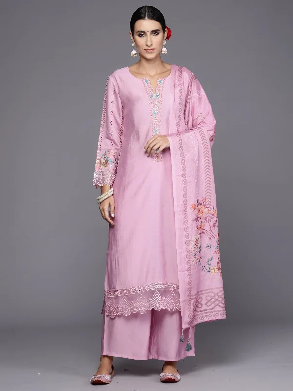 Women's Lavender Embroidered Straight Kurta Trousers With Dupatta Set - Indo Era Trousers Print Floral