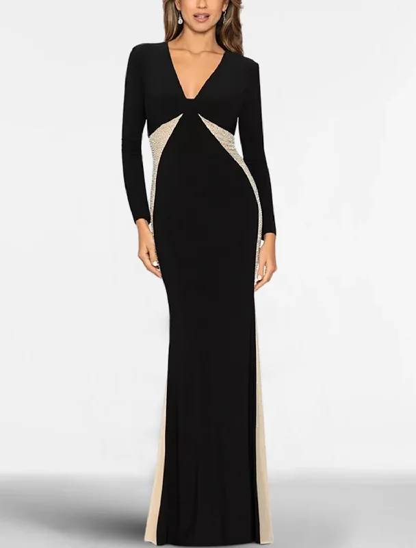 Mermaid Black Dress Plus Size Evening Gown Elegant Dress Formal Cocktail Party Floor Length Long Sleeve V Neck Stretch Fabric with Rhinestone Tunics Stylish elegant Mermaid Black Dress Plus Size Evening Gown Elegant Dress Formal Cocktail Party Floor Length Long Sleeve V Neck Stretch Fabric with Rhinestone Tunics Stylish elegant