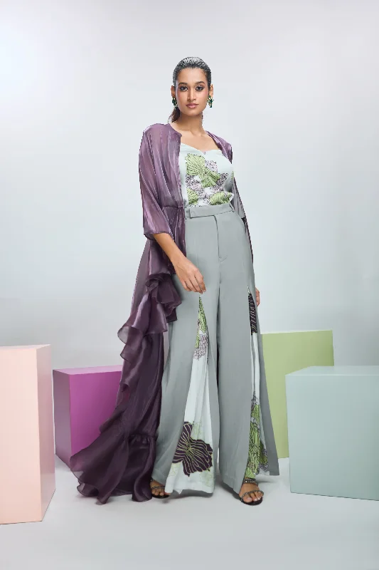 Trench Coat with Printed Crop Top and Flared pants with Print Detailing Lace Blend Ribbed Blend Corduroy Blend