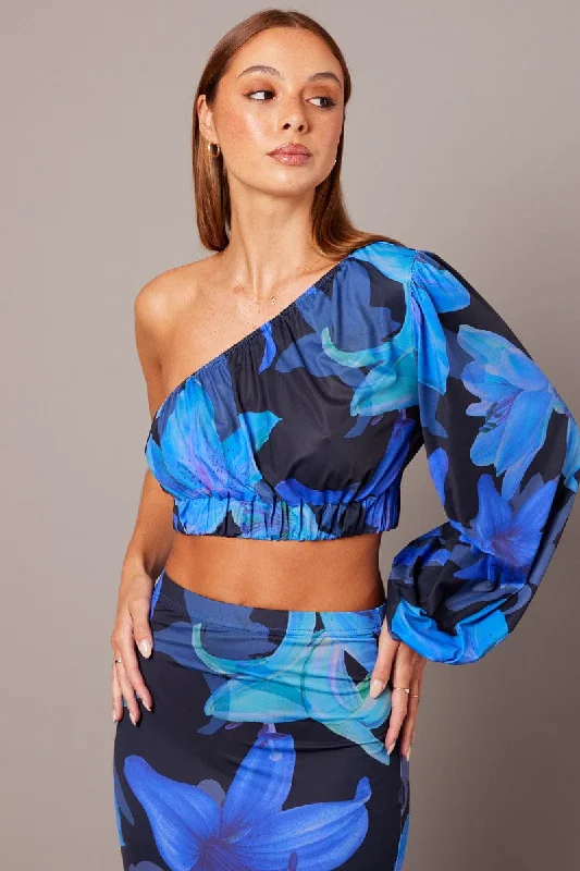 Blue Floral One Shoulder Top Balloon Sleeve Crop Top Spandex Blend Rayon Blend Denim Blend