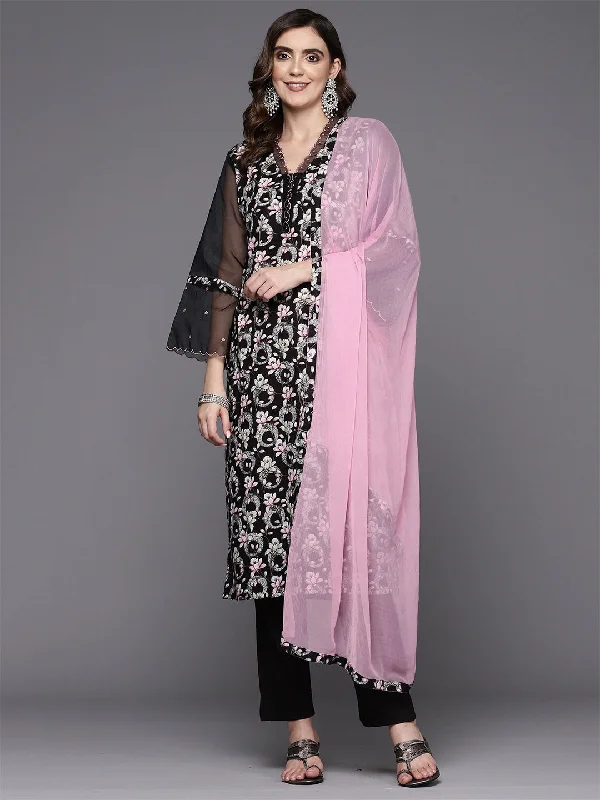 Women's Black Printed Straight Kurta Trousers With Dupatta Set - Indo Era Trousers Palazzo Wide Leg