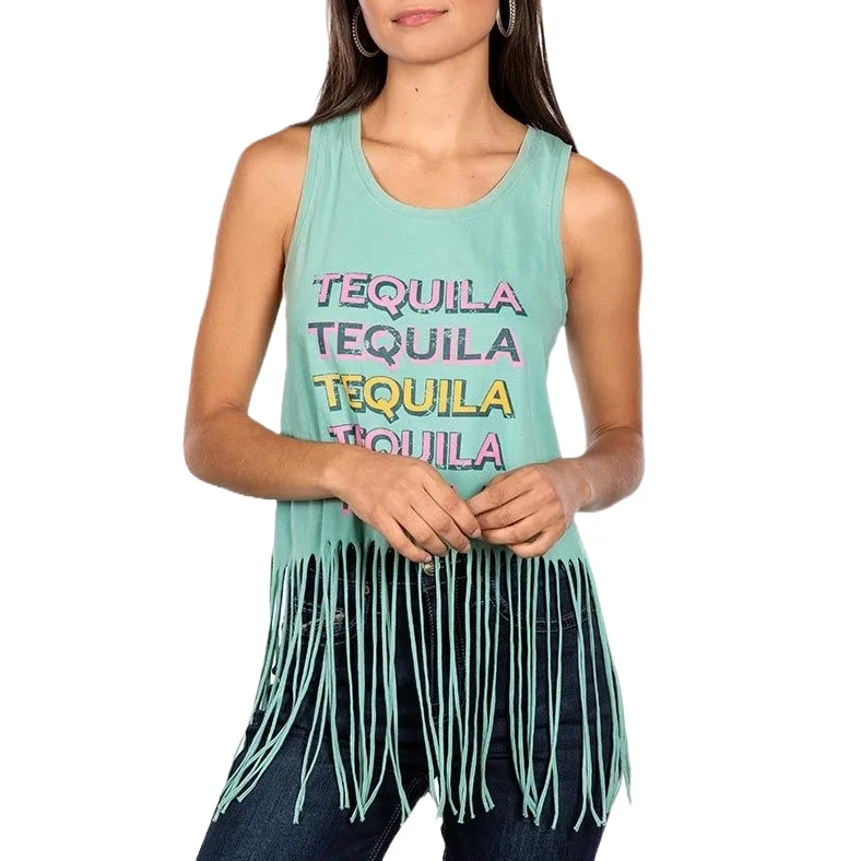 Rock & Roll Denim Ladies Tequila Fringe Turquoise Tank Top BW20T04023 peach tank top