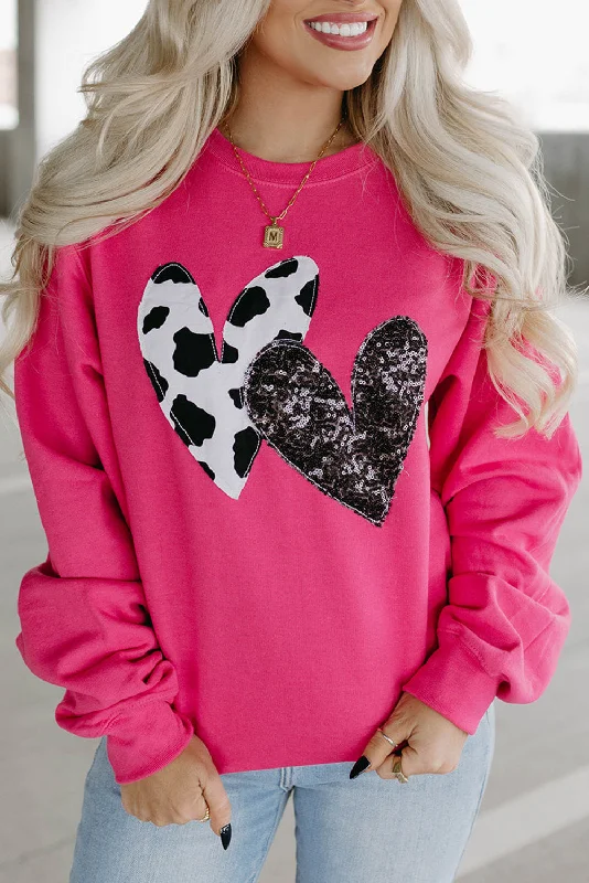 Strawberry Pink Cow & Sequin Double Heart Patch Graphic Sweatshirt Hoodie with Color Block Contrast Stylish