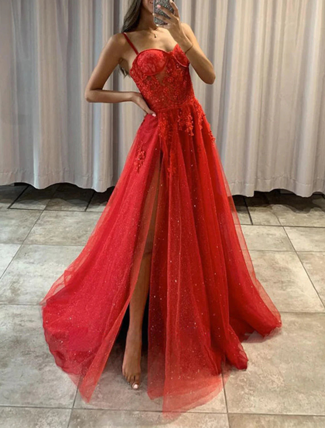 A-Line Prom Dress Red Green Dresses Corsets Dress Formal Wedding Party Sweep / Brush Train Sleeveless Spaghetti Strap Tulle with Slit Appliques Tunics Bestseller popular A-Line Prom Dress Red Green Dresses Corsets Dress Formal Wedding Party Sweep / Brush Train Sleeveless Spaghetti Strap Tulle with Slit Appliques Tunics Bestseller popular