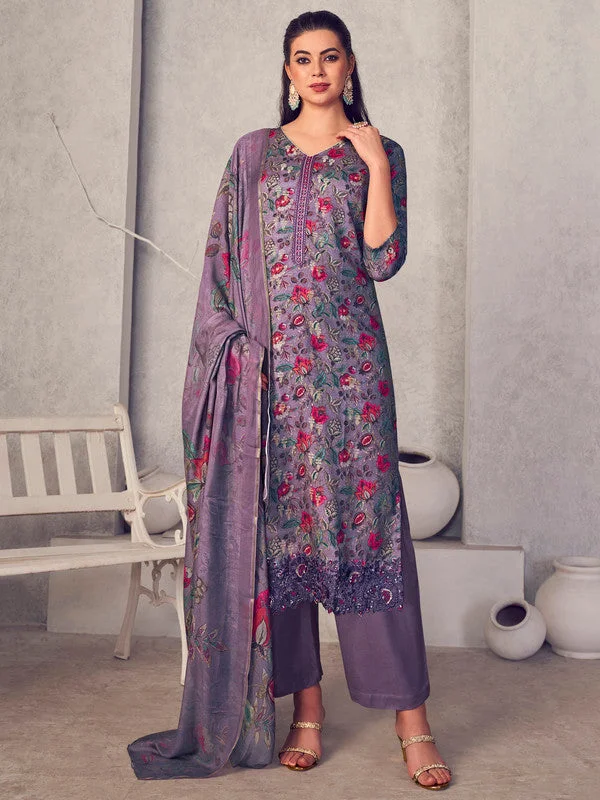 Women's Purple Pure Pashmina Digital Print With Jacquard Woven Kurta With Trouser & Dupatta - Jyoti Fashion Trousers Denim Blue
