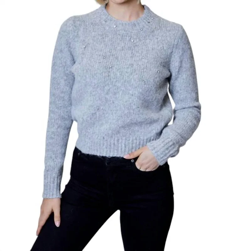 Long Sleeve Embellished Sweater In Heather Stone Front Pockets Side Pockets Patch Pockets