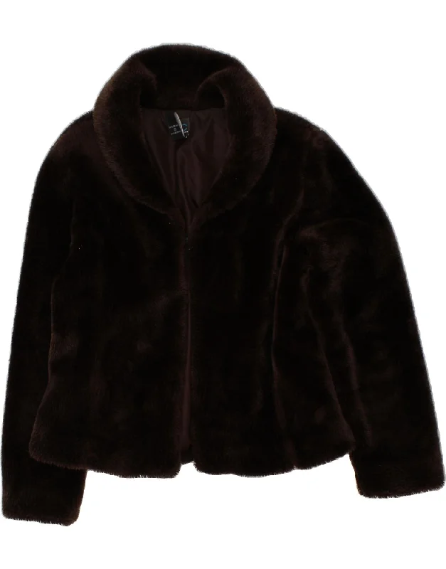 VINTAGE Womens Faux Fur Jacket UK 16 Large Brown Acrylic Notch Collar Peter Pan Collar Cowl Neck