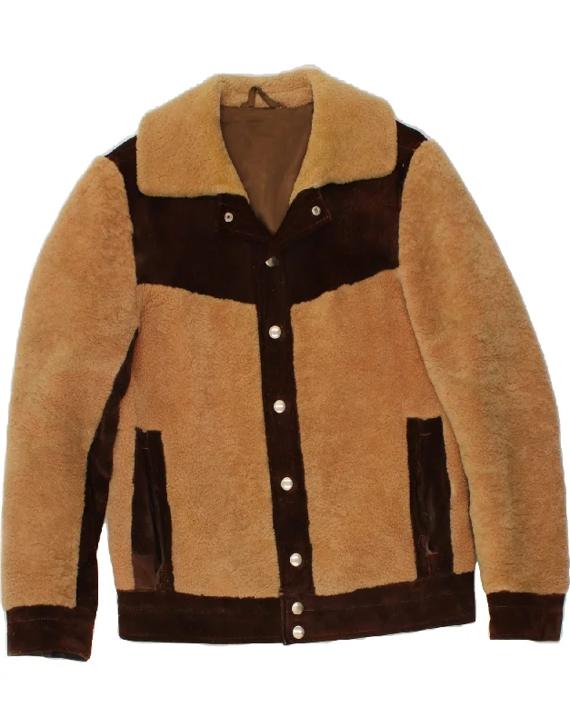 VINTAGE Womens Fleece Jacket IT 46 Large Brown Colourblock Denim Jacket Leather Jacket Suede Jacket