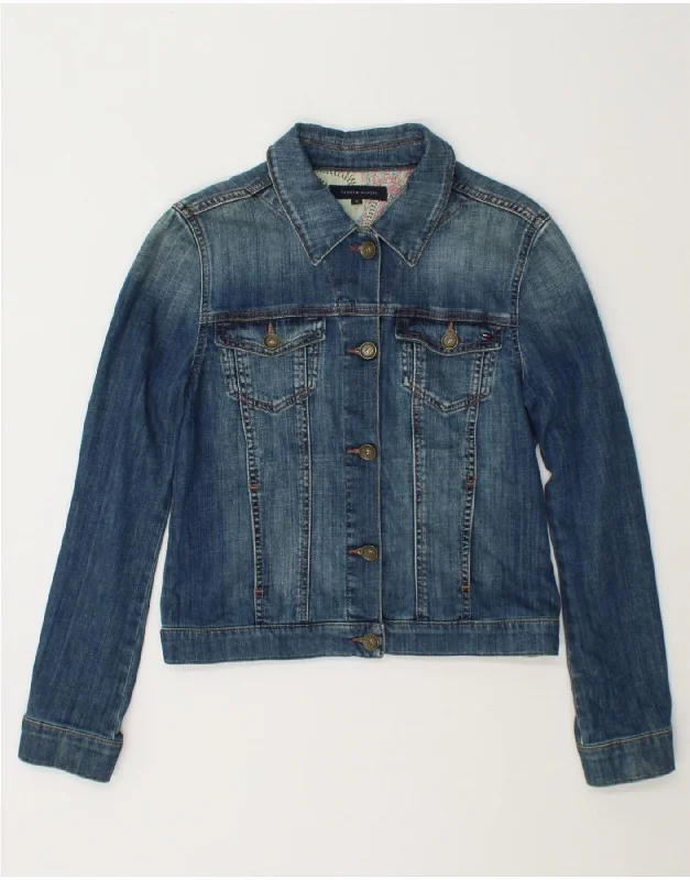 TOMMY HILFIGER Womens Crop Denim Jacket US 8 Medium Blue Cotton Belted Jacket Elasticated Jacket Padded Jacket