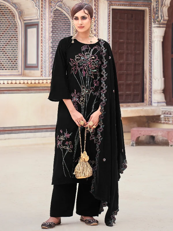 Women's Black Velvet Resham Thread With Jari & Sequin Kurta With Trouser & Dupatta - Jyoti Fashion Trousers Party Sparkling