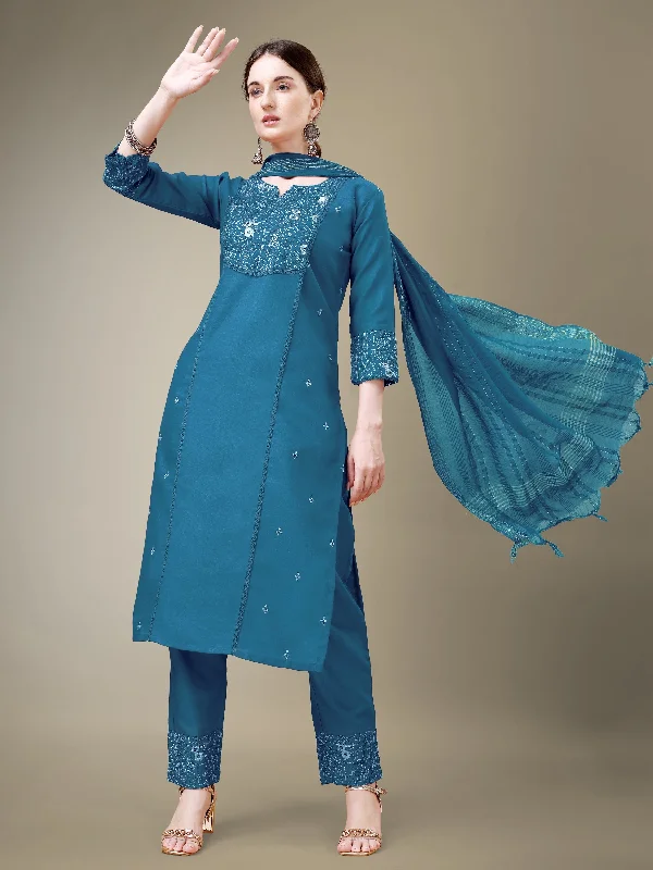 Women's Morpich Cotton Blend Embroidery & Fancy Lace Work Kurta With Trouser & Dupatta - Jyoti Fashion Trousers Satin Smooth