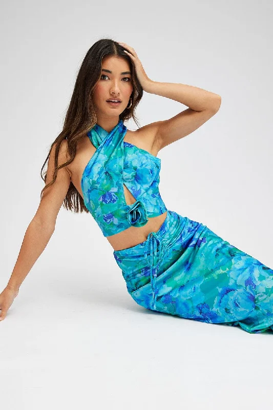 Multi Floral Halter Crop Top Rosette Flower Detail Keyhole Terry Blend Velvet Blend Canvas Blend