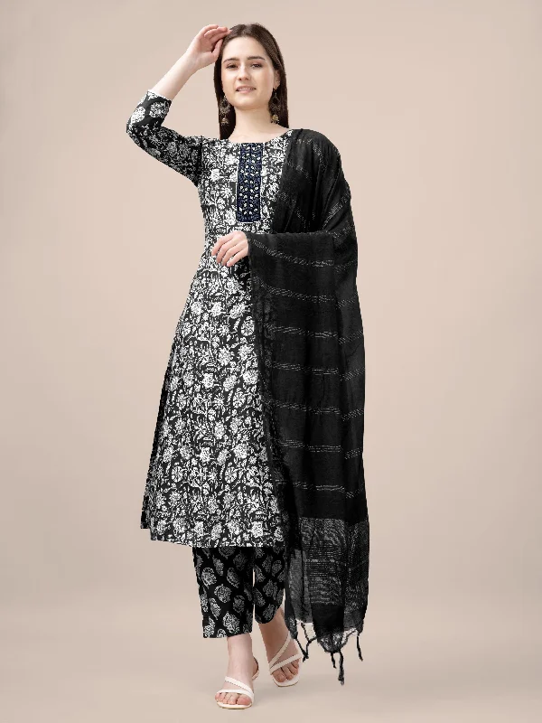 Women's Black Rayon Print With Embroidery & Fancy Lace Work Kurta With Trouser & Dupatta - Jyoti Fashion High Waist Slim Fit Ankle Length