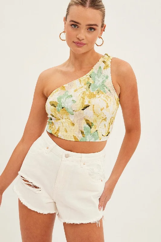 Yellow Floral Crop Top Sleeveless One Shoulder Shirred Chenille Brocade Lace