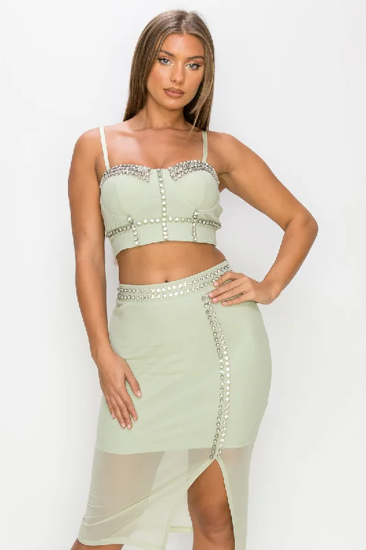 Studded Stone Cami Top & Slit Mini Skirts Set silk skirt luxurious