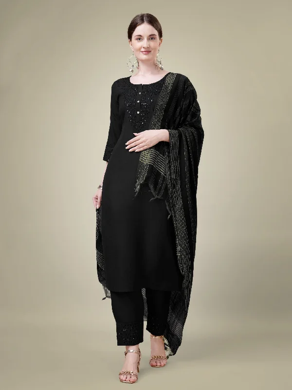 Women's Black Cotton Blend Embroidery & Sequence Work Kurta With Trouser & Dupatta - Jyoti Fashion Trousers Ceremony Elegant