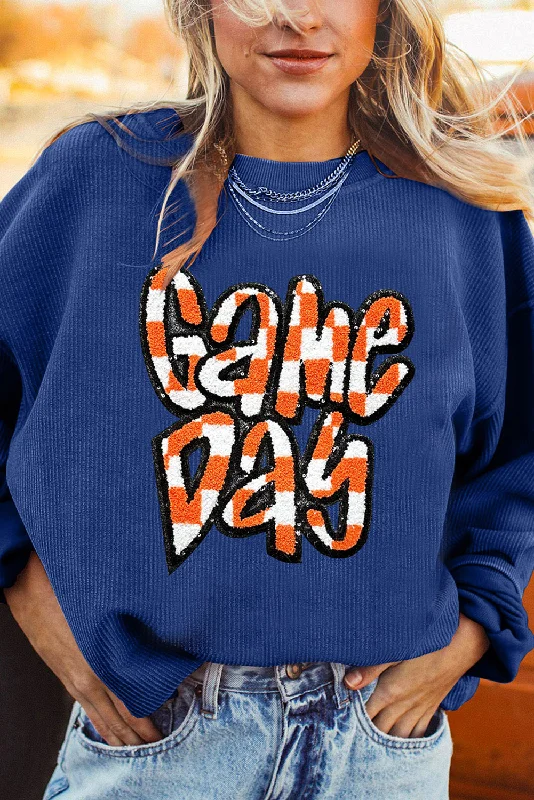 Dark Blue Chenille Checkered Game Day Graphic Drop Shoulder Corded Sweatshirt Hoodie with Raw Hem Edgy Unfinished