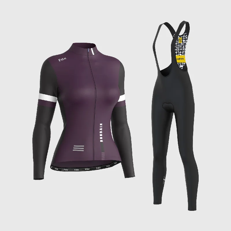 Fdx Women's & Girl's Set Limited Edition Thermal Roubaix Long Sleeve Cycling Jersey & Bib Tights - Purple Striped Jersey Top Fdx Women's & Girl's Set Limited Edition Thermal Roubaix Long Sleeve Cycling Jersey & Bib Tights - Purple Striped Jersey Top