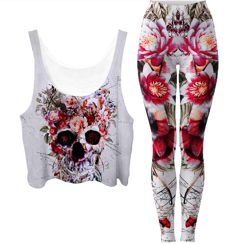 Floral Skull Crop Top and Leggings Combo Nylon Fabric Polyester Fabric Spandex Fabric