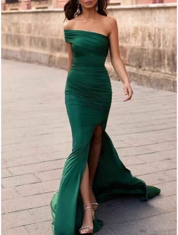 Mermaid / Trumpet Evening Gown Elegant Dress Formal Court Train Christmas Red Green Dress Short Sleeve One Shoulder Stretch Fabric with Pleats Ruched Slit sweetheart Neckline Romantic Mermaid / Trumpet Evening Gown Elegant Dress Formal Court Train Christmas Red Green Dress Short Sleeve One Shoulder Stretch Fabric with Pleats Ruched Slit sweetheart Neckline Romantic