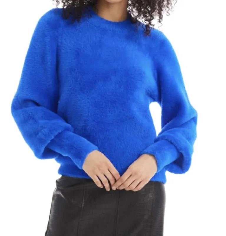 Fuzzy Kora Sweater In Cobalt Embroidered Appliqued Beaded