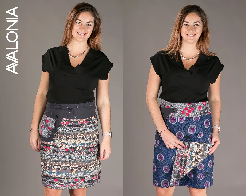 Reversible Cotton Skirt Grey Patch Blue Print with Pocket slim fit skirt
