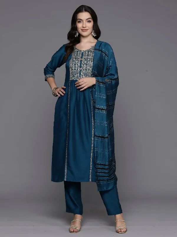 Women's Teal Embroidered Straight Kurta Trousers With Dupatta Set - Indo Era Trousers Lace Delicate
