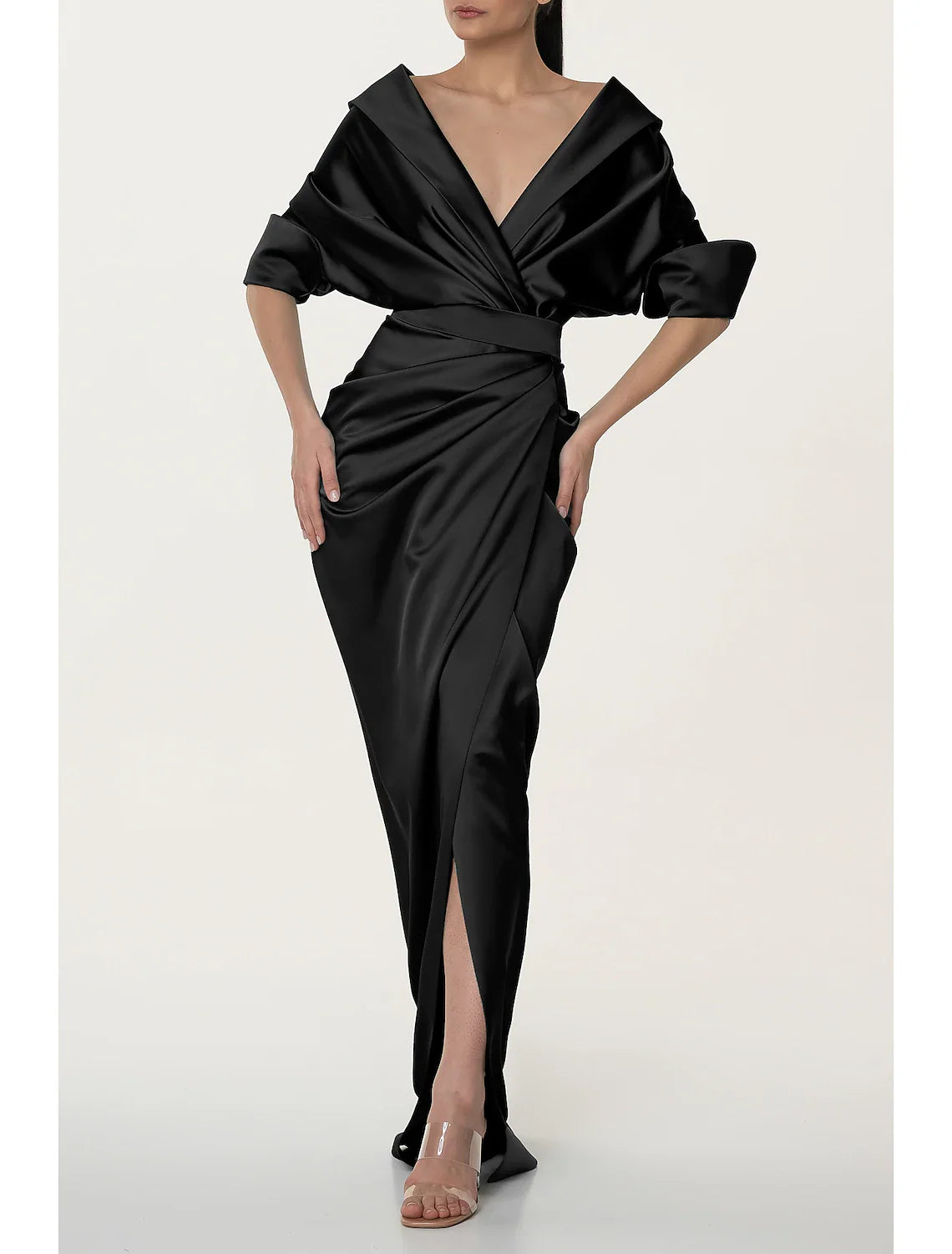 A-Line Evening Gown Black Dress Elegant Dress Formal Fall Sweep / Brush Train Half Sleeve V Neck Satin with Ruched Slit Tunics Business professional A-Line Evening Gown Black Dress Elegant Dress Formal Fall Sweep / Brush Train Half Sleeve V Neck Satin with Ruched Slit Tunics Business professional