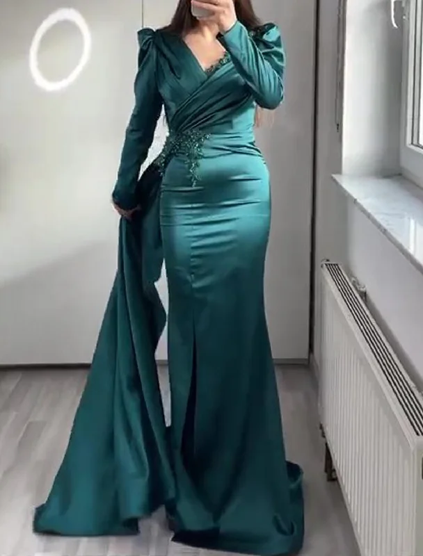 Mermaid / Trumpet Evening Gown Elegant Dress Formal Wedding Guest Floor Length Short Sleeve V Neck African American Satin with Ruched Appliques Tunics Sale discount Mermaid / Trumpet Evening Gown Elegant Dress Formal Wedding Guest Floor Length Short Sleeve V Neck African American Satin with Ruched Appliques Tunics Sale discount