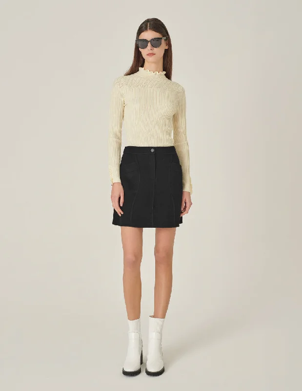 MARYLING Cream Ruffle-Turtleneck Knitted Sweater Striped Floral Plaid
