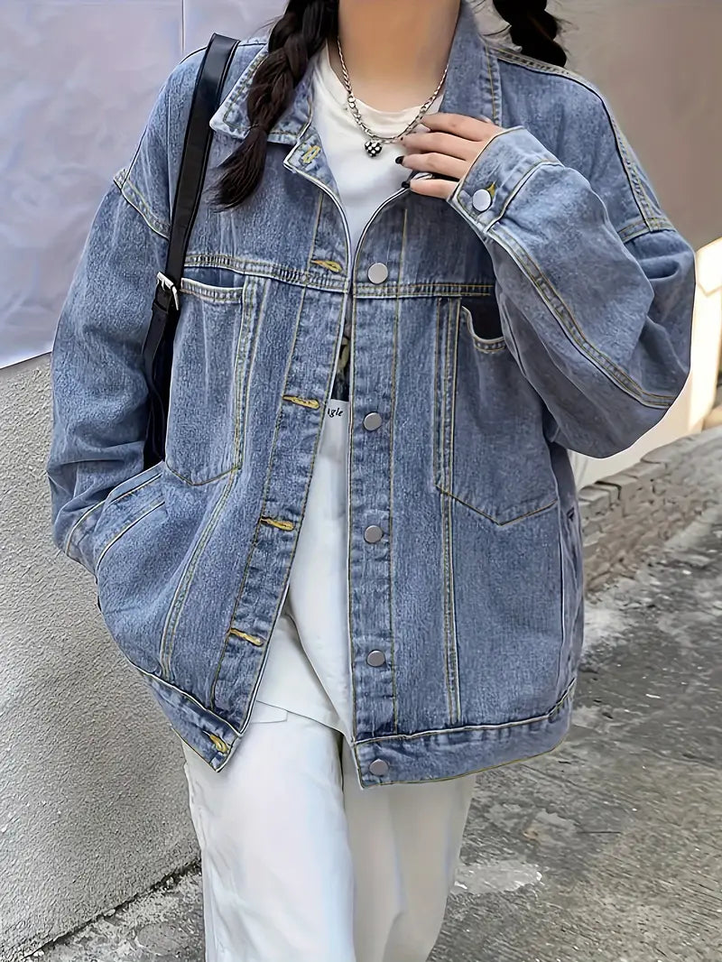 Patch Pockets Long Sleeves Loose Fit Denim Jackets Anorak Shell Jacket Lightweight Jacket