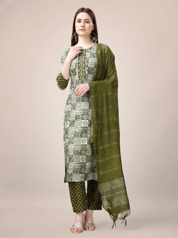 Women's Mehendi Rayon Print With Embroidery & Fancy Lace Work Kurta With Trouser & Dupatta - Jyoti Fashion Cropped Trousers Casual Linen